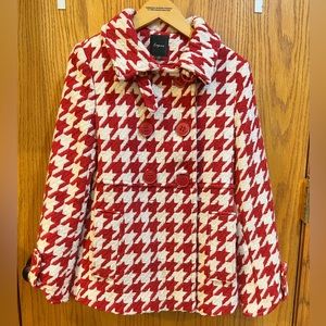 Red and white houndstooth Peacoat